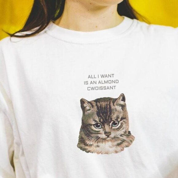 Cat Croissant Vintage Style Y2K Tee, Graphic Art Shirt - Picture 1 of 4